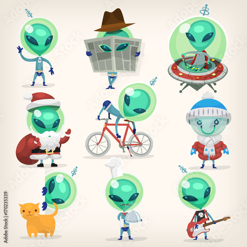 Colorful little green aliens with huge heads under disguise mastering earth traditions and doing it wrong. Isolated vector cartoons