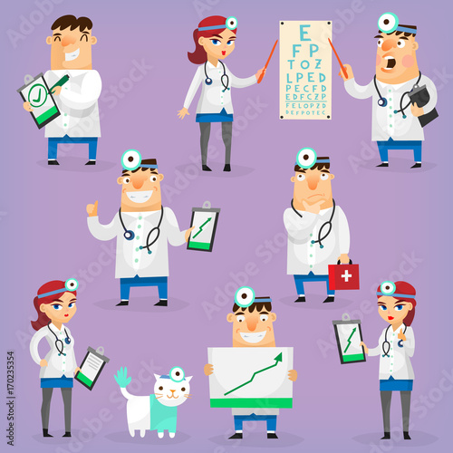 Doctors and nurses characters in hospital uniform treat patients and reserch positive dynamics. Isolated vector 