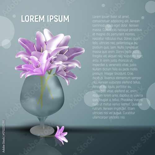 Greeting card with bouquet of lilies in a vase. Flowers with petals of purple color.
