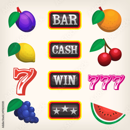 Set of colorful slot machine spinning reel icons