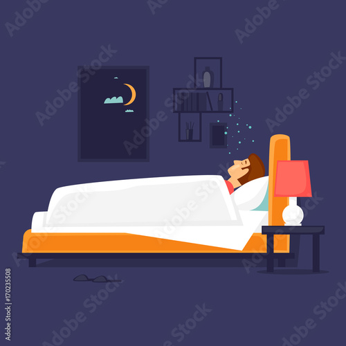 Man is sleeping in bed. Flat design vector illustration.
