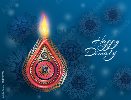 Indian celebration Diwali. Hindu festival of lights celebrated. Beautiful postcard design with national symbols - golden lamp, burning fire and mandalas. Vector illustration