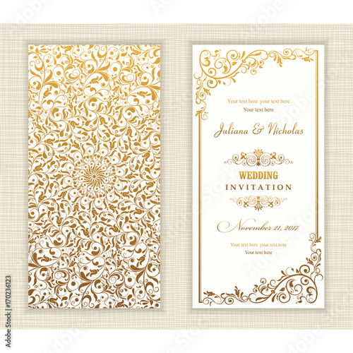 Wedding invitation cards  baroque style gold. Vintage  Pattern. Retro Victorian ornament. Frame with flowers elements. Vector illustration.