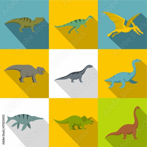 Types of dinosaur icon set  flat style