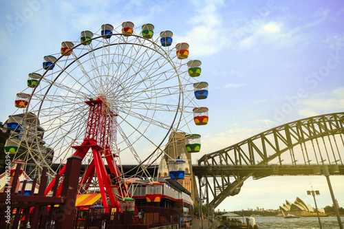 Colourful ferris wheel carriages at an amusement park Sydney Australia