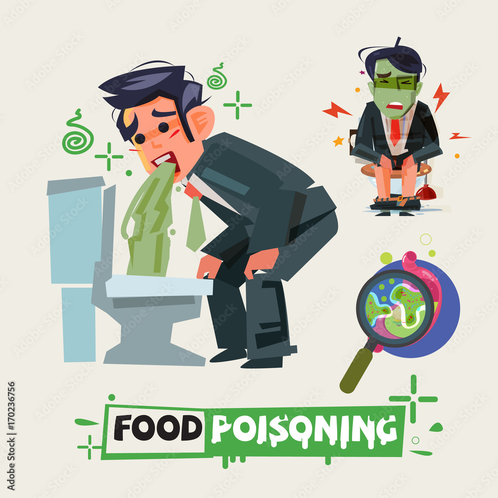 businessman get diarrhea in toilet. man in pain vomiting. food