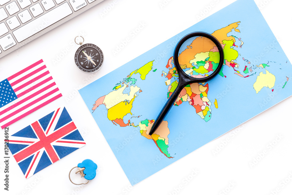 tourist outfit, flags, tickets for travelling on white background top view