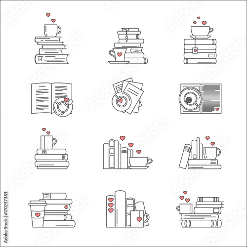 Icon set for book fans. Book stacks, coffee or tea mugs and paper cups. Heart elements as steam, tea tag or cookie. I love to read concept. Vector isolated, linear style.