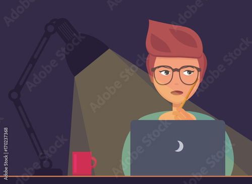 Freelancer working at night concept. Young woman sitting with laptop, working, surfing internet or networking. Programmer, designer or writer night job. Flat design vector illustration.
