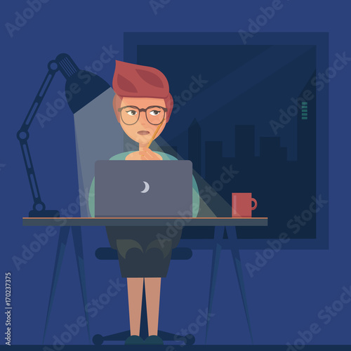 Freelancer working at night concept. Young woman sitting in the room with laptop, working, surfing internet or networking. Programmer, designer or writer night job. Flat design vector illustration.