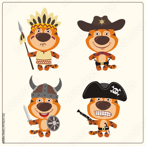 Fototapeta Naklejka Na Ścianę i Meble -  Set isolated tiger in cartoon style for design children holiday and birthday. Funny tiger in costume of viking, american indian, cowboy and pirate.