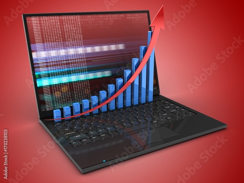 3d laptop computer and rising graph