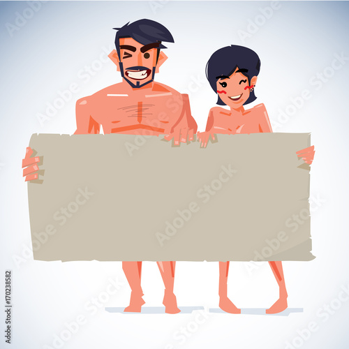 attractive naked man and women with blank paper to put your text - vector illustration