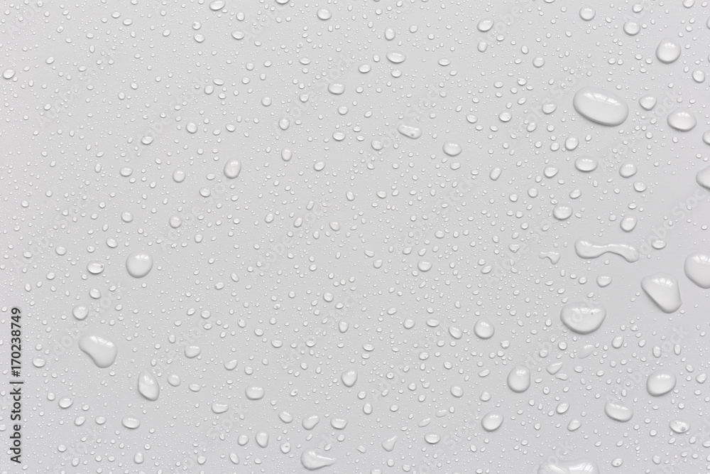 Water droplets on a gray background - obrazy, fototapety, plakaty 