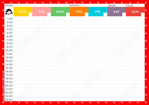GIRL WEEKLY TIME TABLE
Instant cute weekly time table for girl on red is ready to print. This time table useful for schedule planning.
