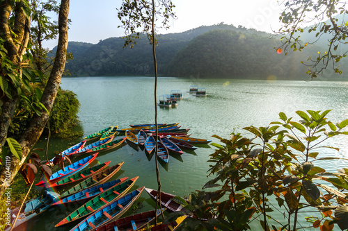 Boats on Phewa Lake in Pokhara, Nepal