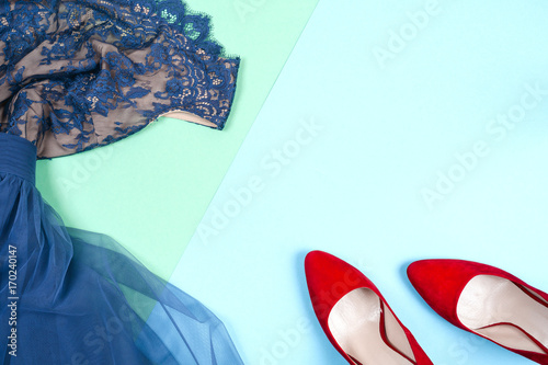 Fashion. Clothes Accessories fashion Set. Female hand and Stylish Leathershoes photo