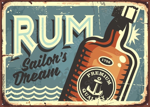 Rum vintage tin sign. Retro poster with bottle of alcoholic drink.