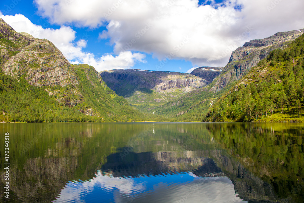 Beautiful mountain lake with mirrored reflection in Norway Beautiful mountain lake with mirrored reflection in Norway