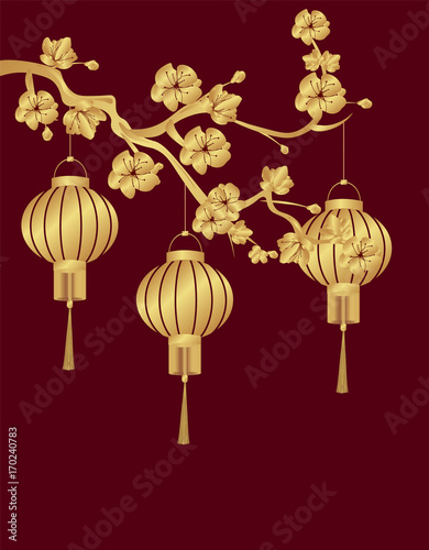 Chinese New Year. Three Chinese lanterns were stylized under bronze on a cherry branch. Round. illustration