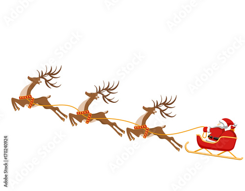 New Year, Christmas. Drawing of deer and sleigh of Santa Claus. In color. illustration