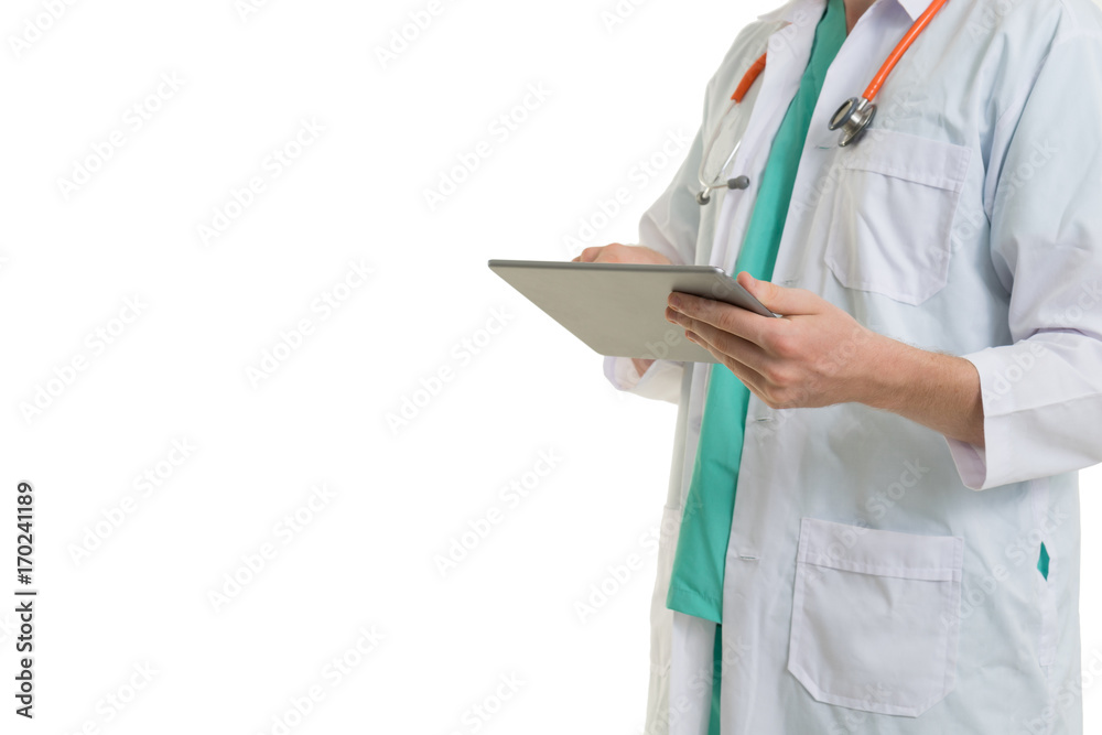 medical doctor working with tablet on white background medical doctor working with tablet on white background
