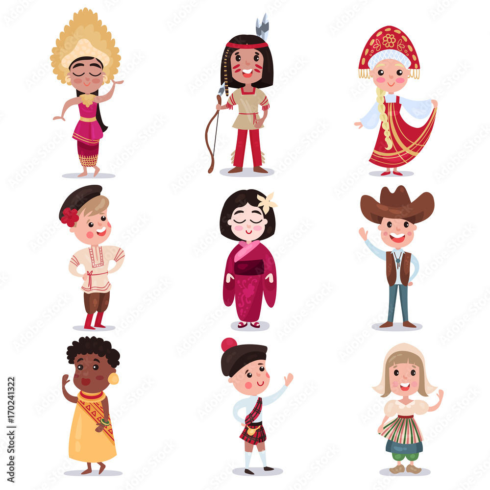 Kids in national costumes of different countries set, cute boys and girls  in traditional clothes colorful vector Illustrations Stock Vector | Adobe  Stock
