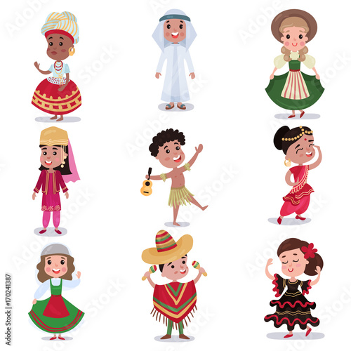 Kids in traditional clothes of different countries set, cute boys and girls in national costumes colorful vector Illustrations