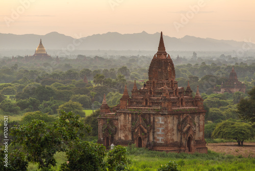 Beautiful sunrise over the ancient pagodas in Bagan, Myanmar