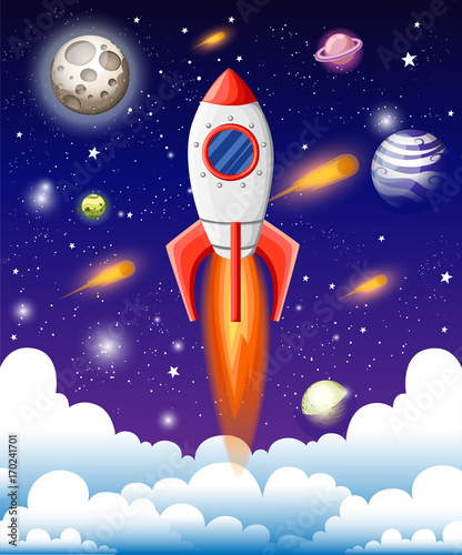 Vector illustration of open book with space elements - solar system, space shuttle, planets, stars, Earth, comet. Imagination concept made in flat style vector.