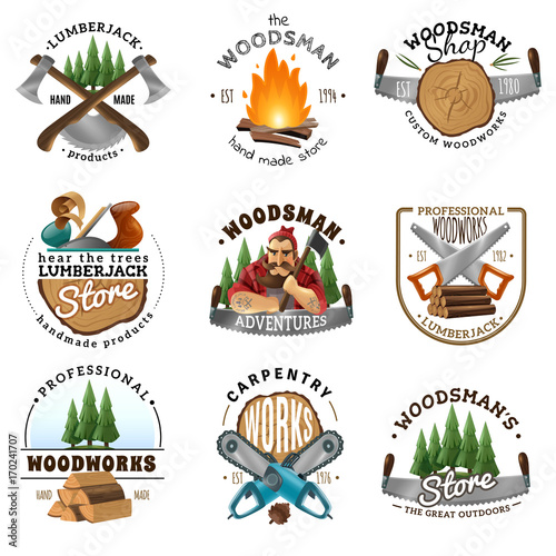 Lumberjack Logo Emblems Labels Set