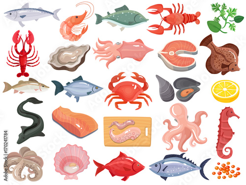 Seafood Flat Icons Big Set 