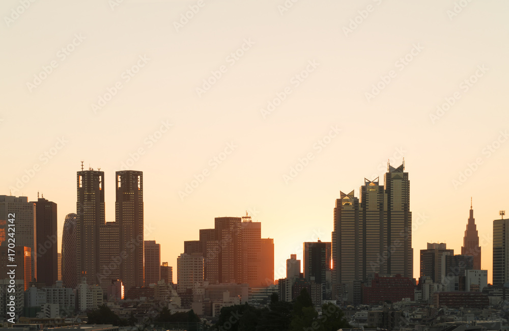 東京風景　新宿高層ビル群　日の出