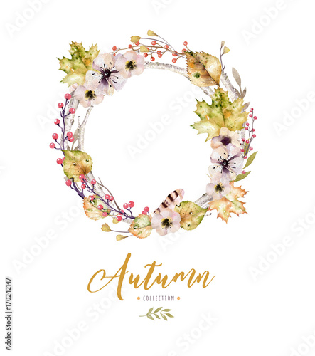 Set of red and yellow autumn watercolor leaves and berries  hand drawn design foliage elements decoration.