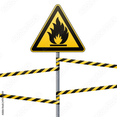 Caution - fire hazard Combustible environment. Flammable liquids or surface. Barrier tape. Vector illustrations.