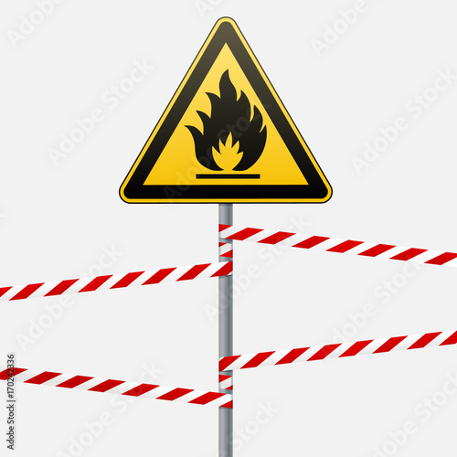 Caution - fire hazard Combustible environment. Flammable liquids or surface. Barrier tape. Vector illustrations.