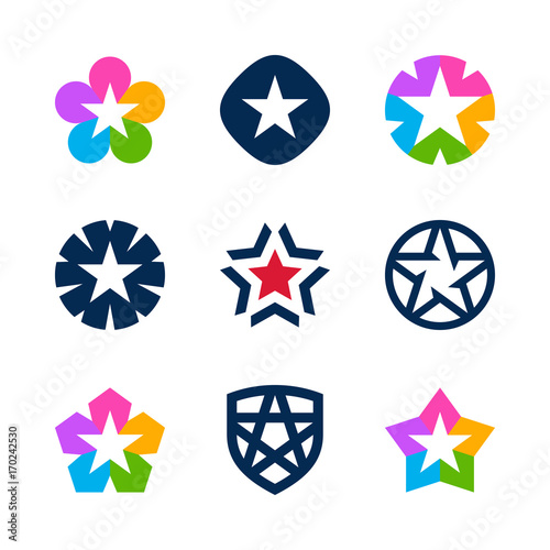 Multicolored star icons and logo design elements
