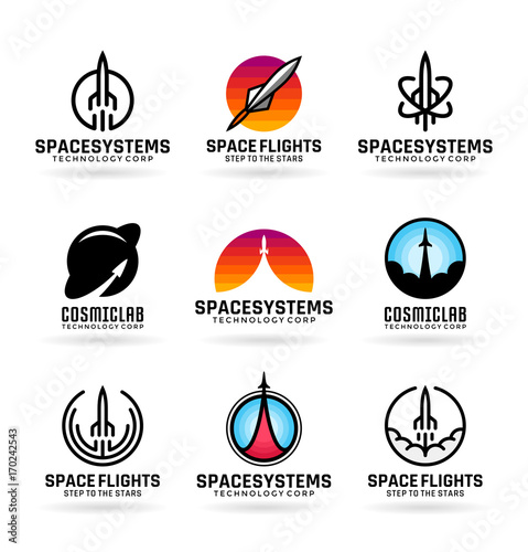 Vector flying rockets, space shuttles, spaceship launch, aviation. Icons and logo design elements