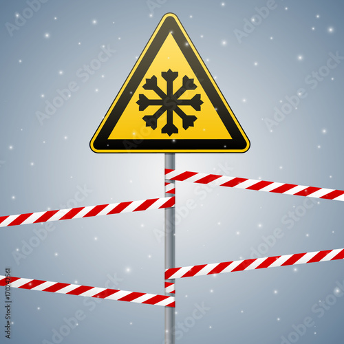 Carefully cold. Warning sign safety. pillar with sign and warning bands. Vector Image.