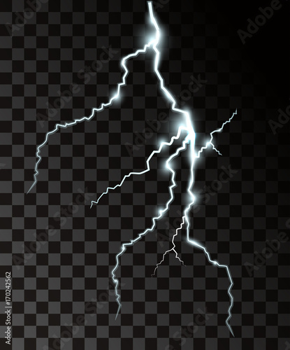 Set of the isolated realistic lightnings with transparency for design. Thunder-storm and lightnings. Magic and bright lighting effects. Natural effects.
