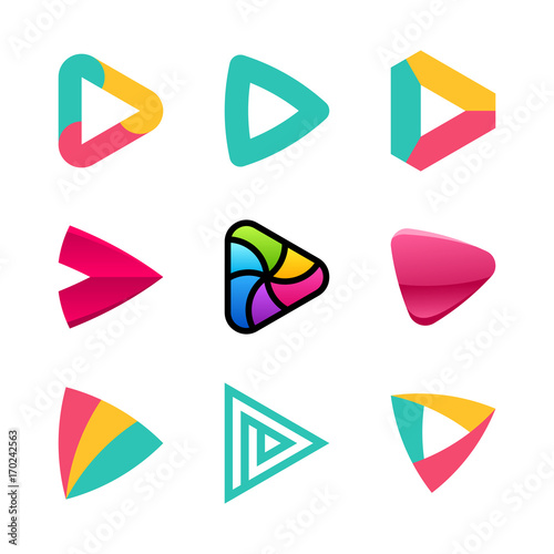 colorful play button icons, arrows, cursors. Vector logo design elements, logotype templates and other branding objects for your business