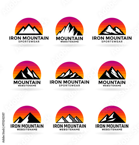Set of various vector mountains on the sunset background