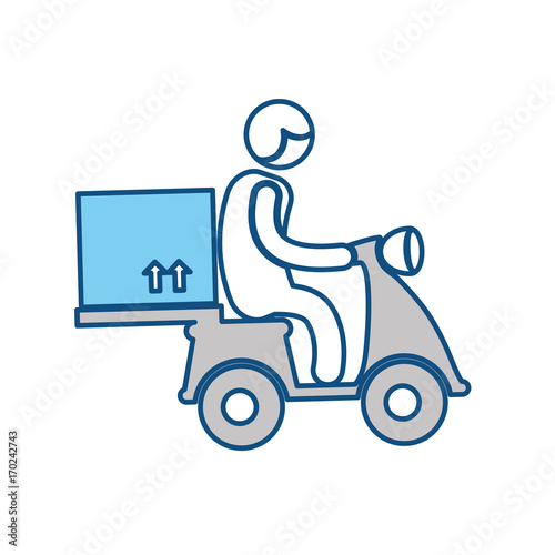 delivery man riding a motorcycle and carton box icon over white background vector illustration © djvstock