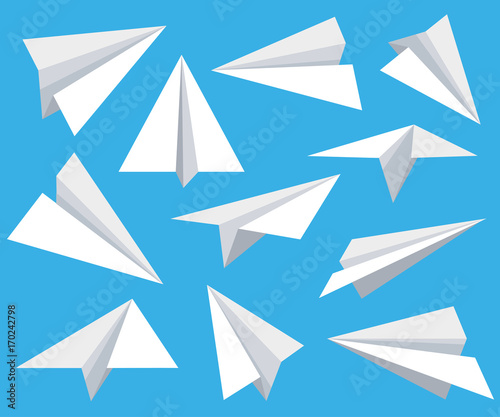 Paper plane vector set in flat style isolated from background. Origami plane collection. Handmade paper plane and child paper plane. Web site page and mobile app design element.