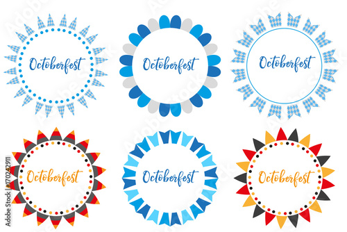 Oktoberfest set of frames, flat or cartoon style. October fest in germany collection of round bunting, flag, design elements .Isolated on white background. Vector illustration