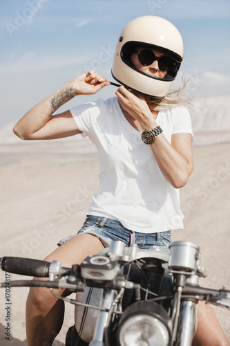 Fototapeta girl button up motorcycle helmet