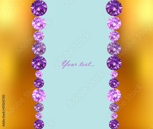Greeting card in gold and blue colors with purple gems, vector illustration