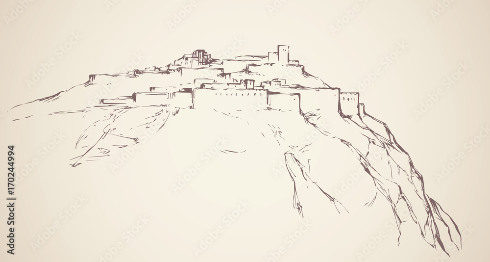 Fototapeta premium Ancient city on rock. Vector drawing