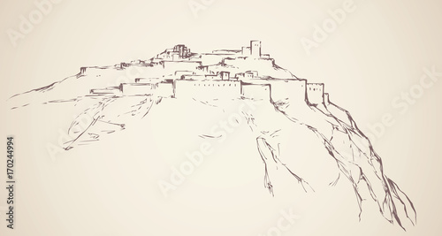 Ancient city on rock. Vector drawing