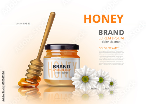 Acacia honey jar with wooden dipper Vector realistic mock up flower background